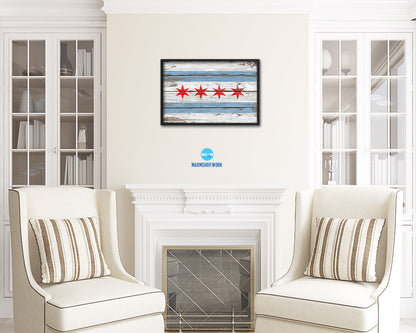 Chicago City Illinois State Rustic Flag Wood Framed Paper Prints Decor Wall Art Gifts
