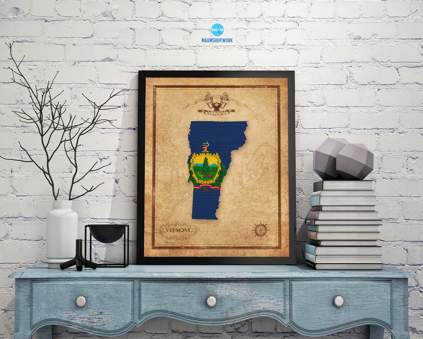 Vermont State Vintage Map Wood Framed Paper Print  Wall Art Decor Gifts