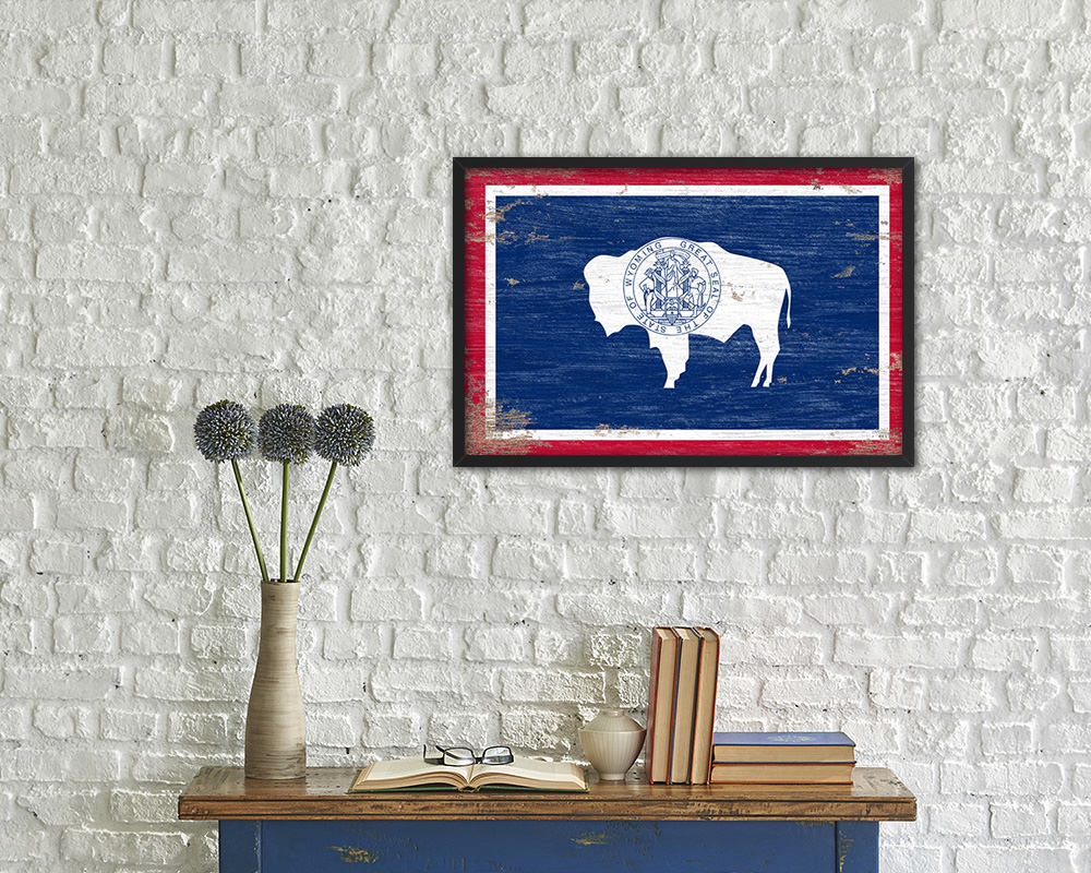 Wyoming State Shabby Chic Flag Wood Framed Paper Print  Wall Art Decor Gifts