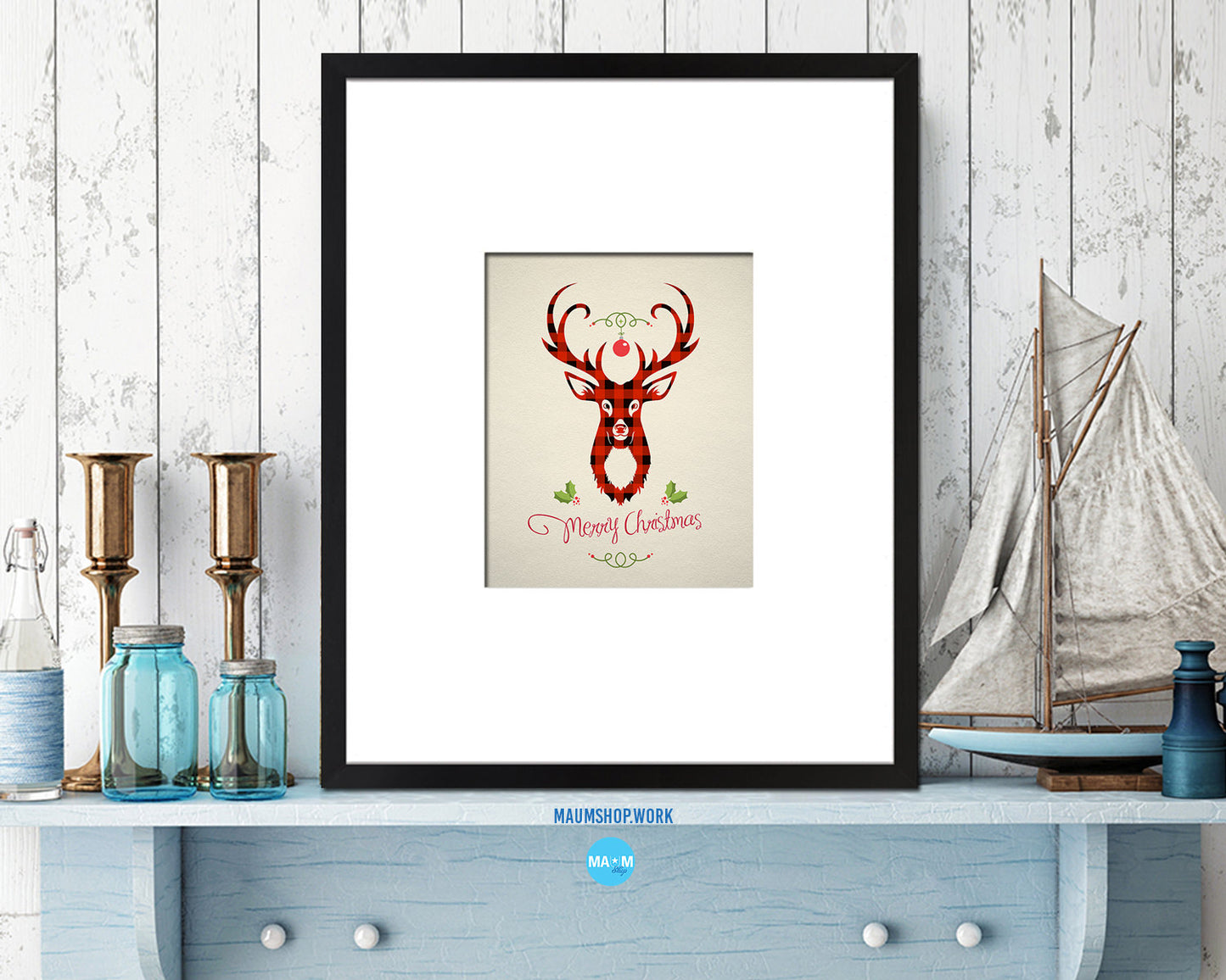 Merry Christmas Deer Light Holiday Season Gifts Wood Framed Print Home Decor Wall Art