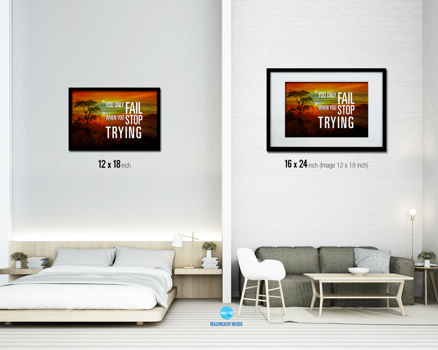 You only fail when you stop trying Quote Framed Print Wall Decor Art Gifts