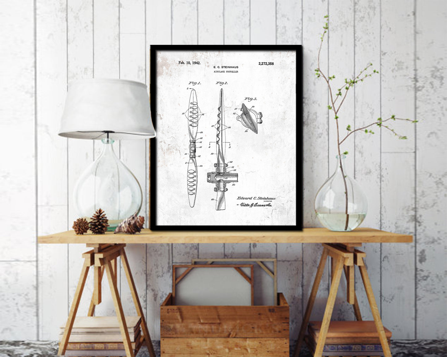 Propeller Airplane Vintage Patent Artwork Black Frame Print Wall Art Decor Gifts