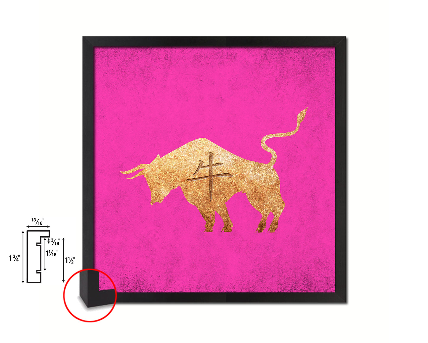 Ox Chinese Zodiac Character Wood Framed Print Wall Art Decor Gifts, Pink