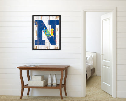 New York State Initial Flag Wood Framed Paper Print Decor Wall Art Gifts, Beach