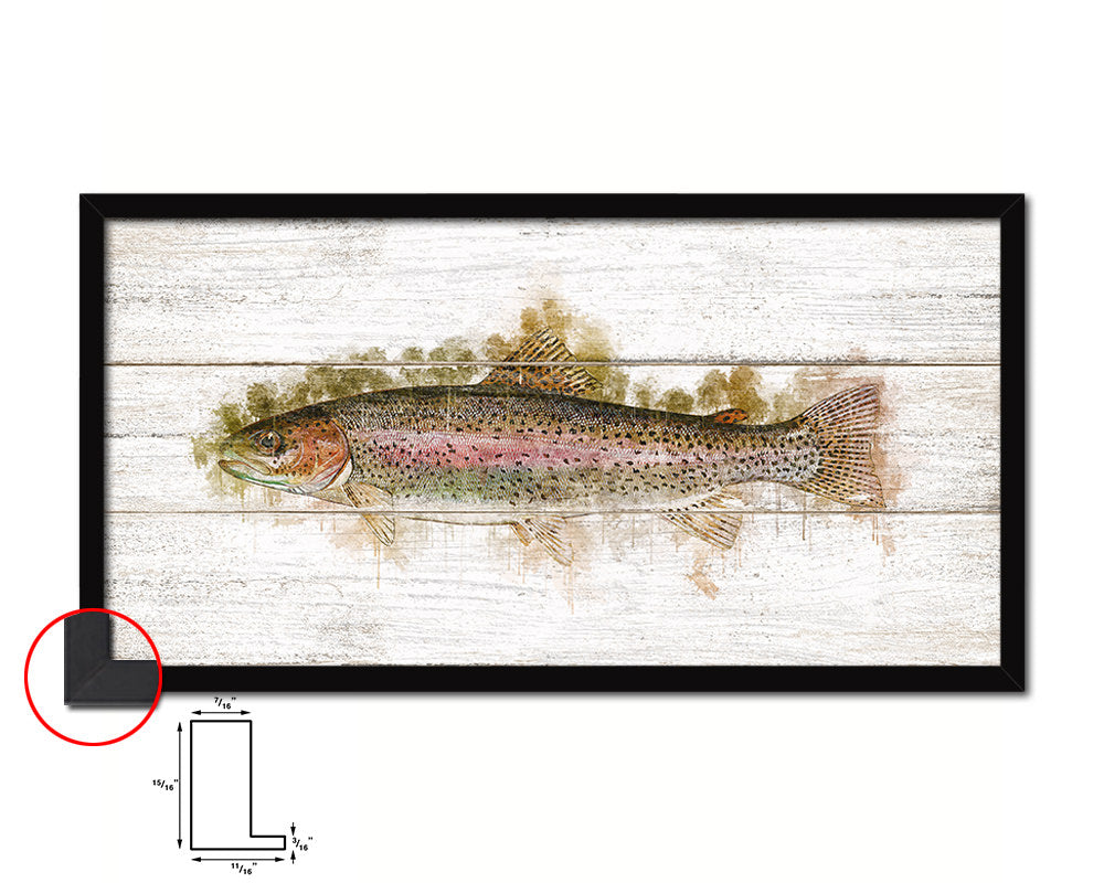 Rainbow Trout Fish Art Wood Framed White Wash Restaurant Sushi Wall Decor Gifts, 10" x 20"