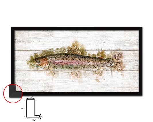 Rainbow Trout Fish Art Wood Framed White Wash Restaurant Sushi Wall Decor Gifts, 10" x 20"