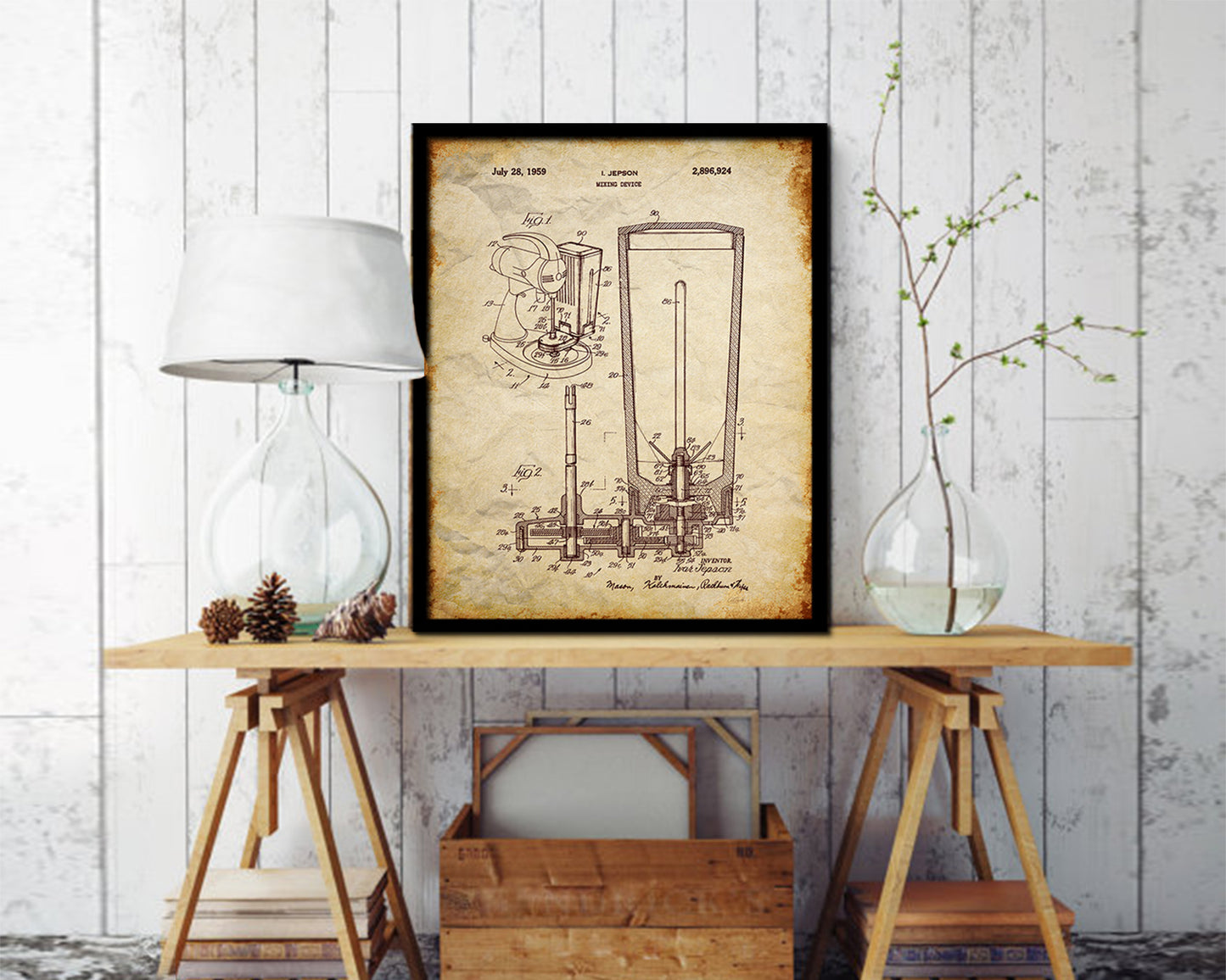 Mixing device Kitchen Vintage Patent Artwork Walnut Frame Print Wall Art Decor Gifts