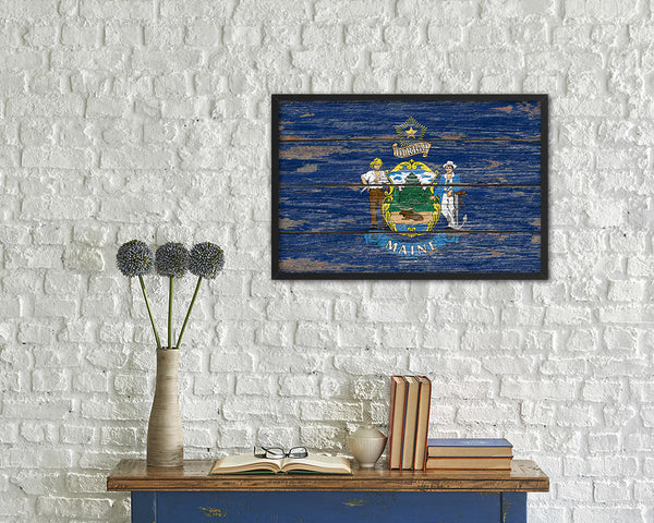 Maine State Rustic Flag Wood Framed Paper Prints Wall Art Decor Gifts