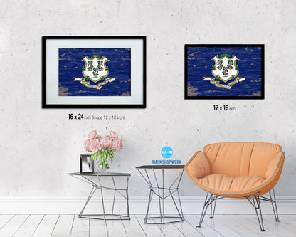 Connecticut State Shabby Chic Flag Wood Framed Paper Print  Wall Art Decor Gifts