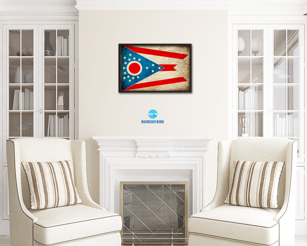 Ohio State Vintage Flag Wood Framed Paper Print Wall Art Decor Gifts