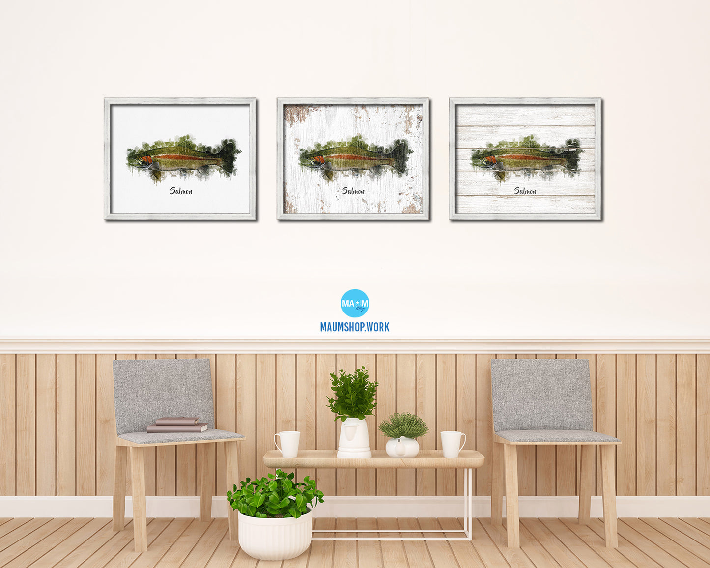 Salmon Fish Framed Prints Modern Restaurant Sushi Bar Watercolor Wall Art Decor