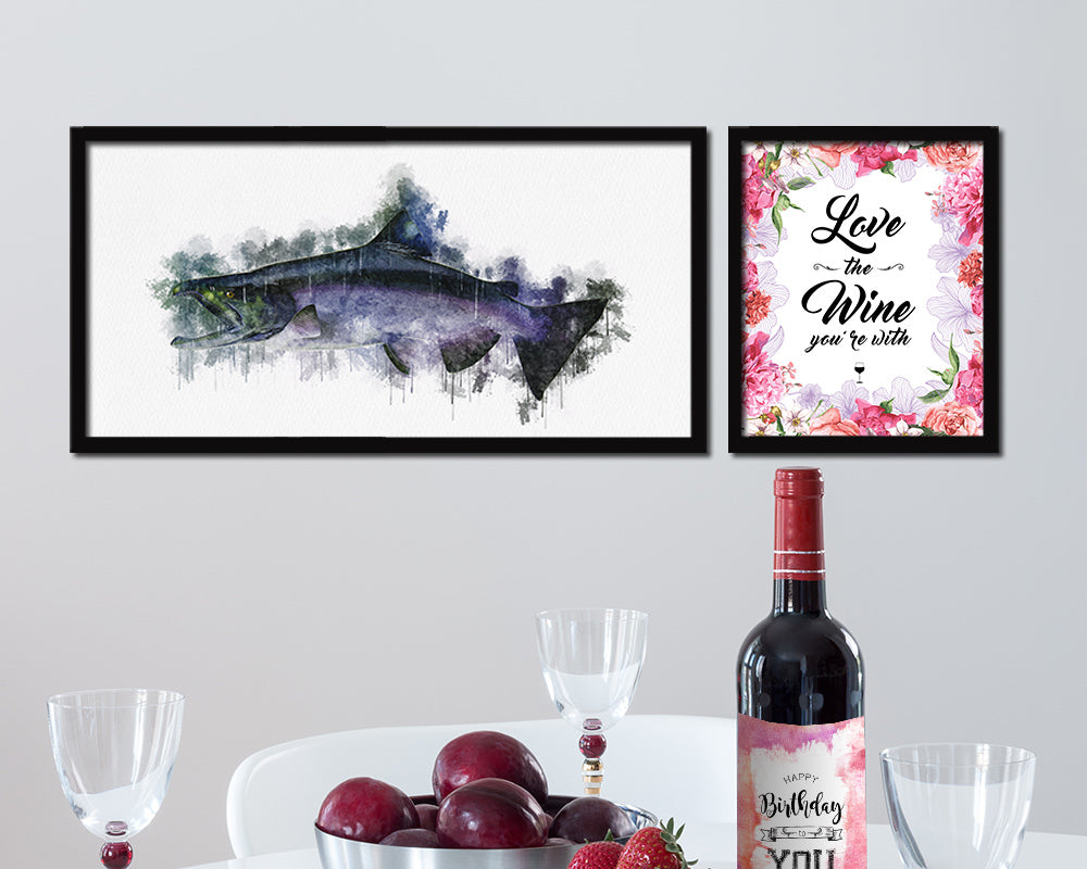 King Salmon Fish Art Wood Frame Modern Restaurant Sushi Wall Decor Gifts, 10" x 20"