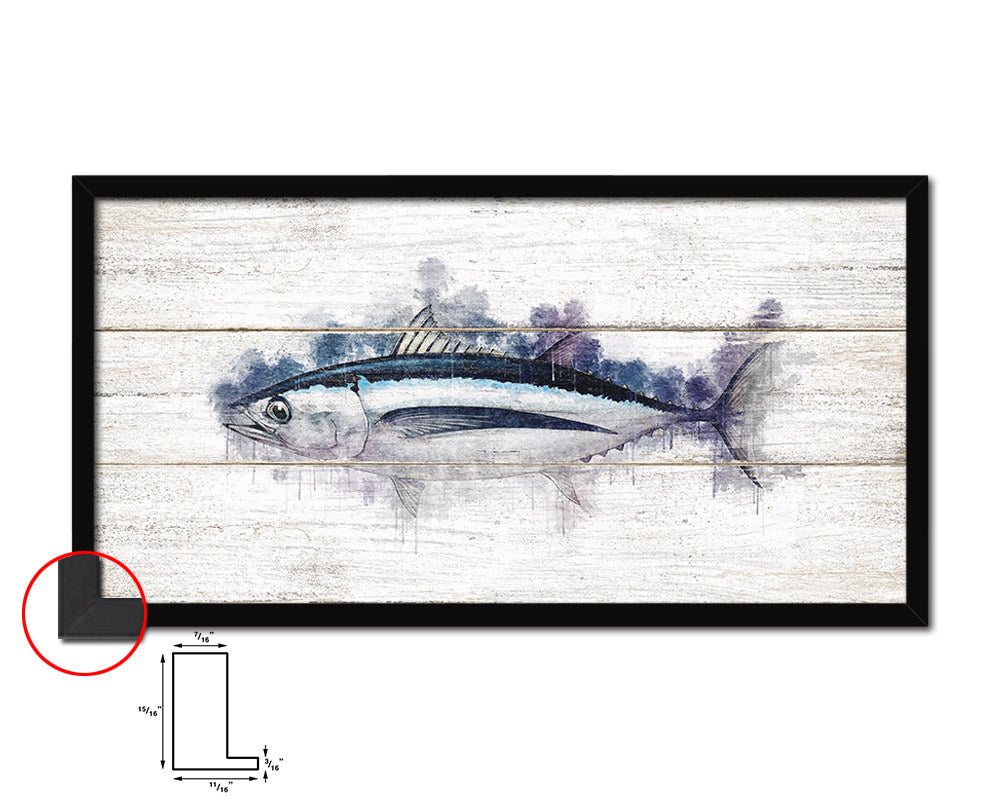 Albacore Tuna Fish Art Wood Framed White Wash Restaurant Sushi Wall Decor Gifts, 10" x 20"