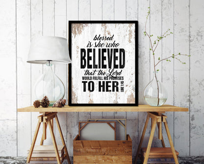 Blessed is she who believed that the Lord Quote Wood Framed Print Home Decor Wall Art Gifts