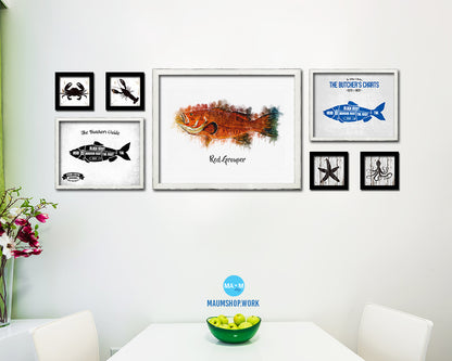 Red Grouper Fish Framed Prints Modern Restaurant Sushi Bar Watercolor Wall Art Decor
