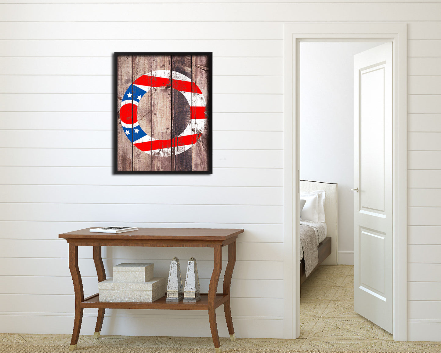 Ohio State Initial Flag Wood Framed Paper Print Decor Wall Art Gifts, Wood