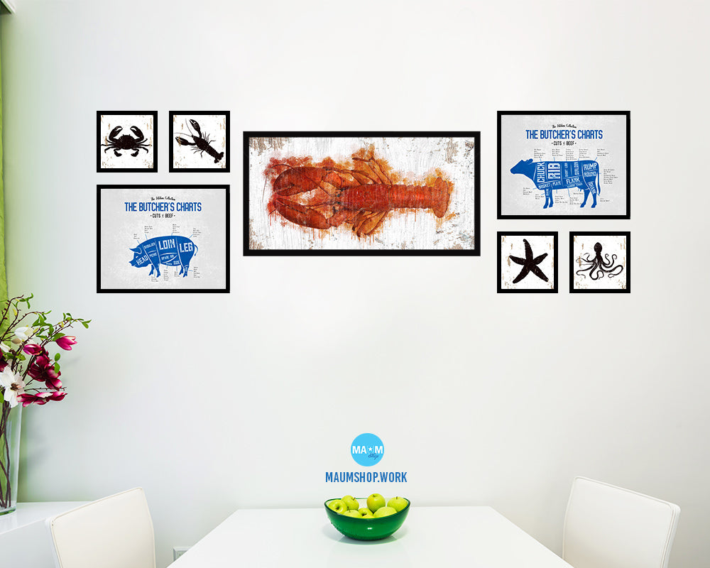 Lobster Fish Art Wood Frame Shabby Chic Restaurant Sushi Wall Decor Gifts, 10" x 20"