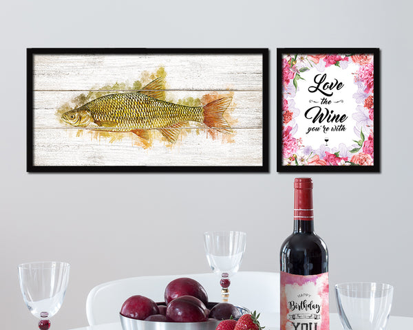 Golden Shiner Fish Art Wood Framed White Wash Restaurant Sushi Wall Decor Gifts, 10" x 20"