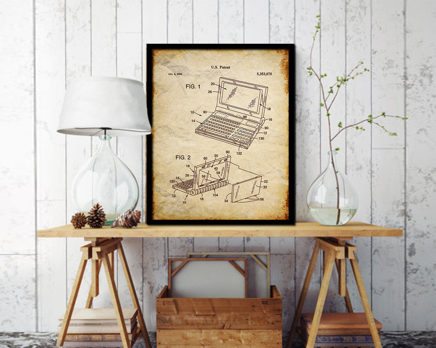 Convertible Flat Panel Display System Computer Vintage Patent Artwork Walnut Frame Gifts