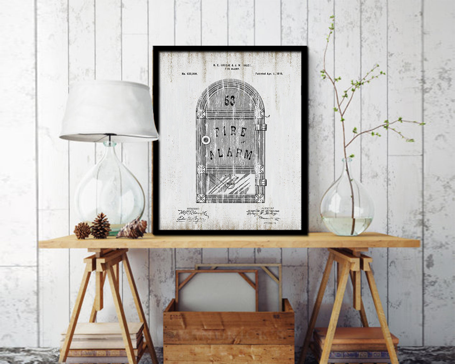 Fire Alarm Firefighter Vintage Patent Artwork Black Frame Print Gifts