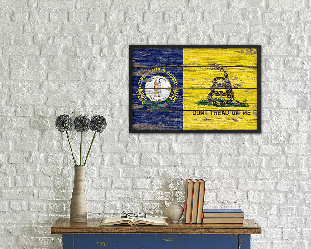 Gadsden Don't Tread On Me Tea Party Kentucky State Wood Rustic Flag Framed Print Art