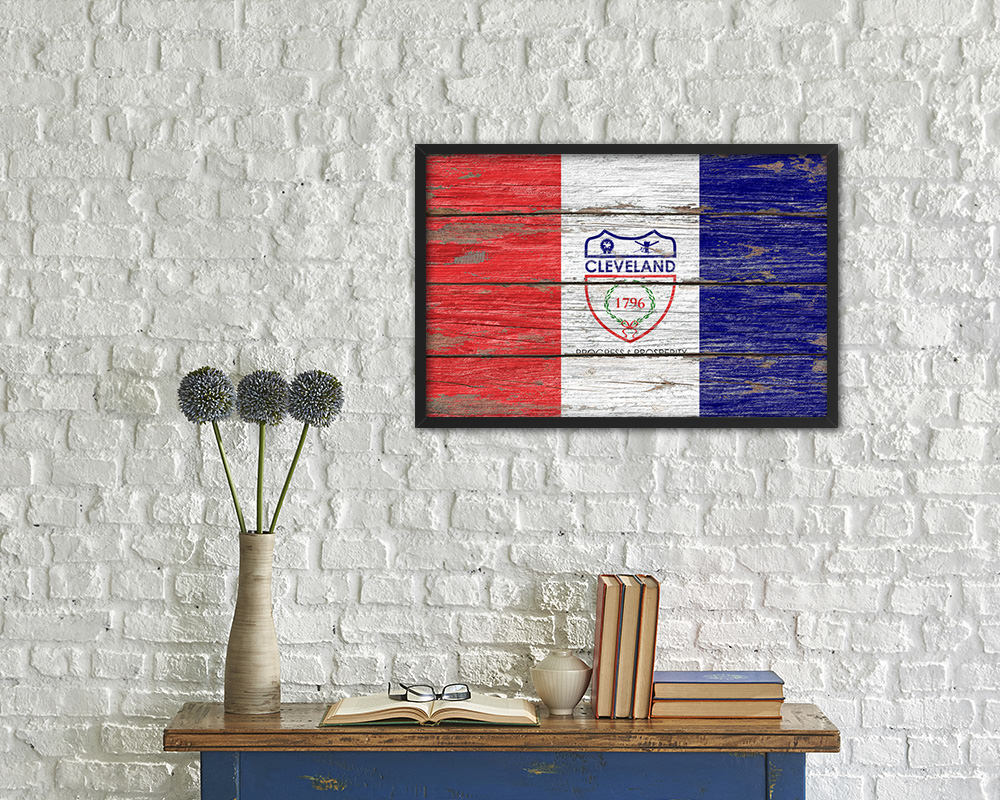 Cleveland City Ohio State Rustic Flag Wood Framed Paper Prints Decor Wall Art Gifts