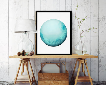 Uranus Planet Prints Watercolor Solar System Wood Framed Paper Print Wall Art Decor Gifts