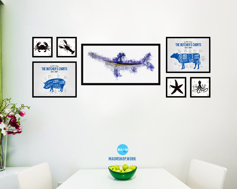 Sword Fish Art Wood Frame Modern Restaurant Sushi Wall Decor Gifts, 10" x 20"