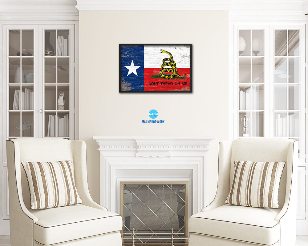 Gadsden Don't Tread On Me Texas State Shabby Chic Military Flag Framed Print Art
