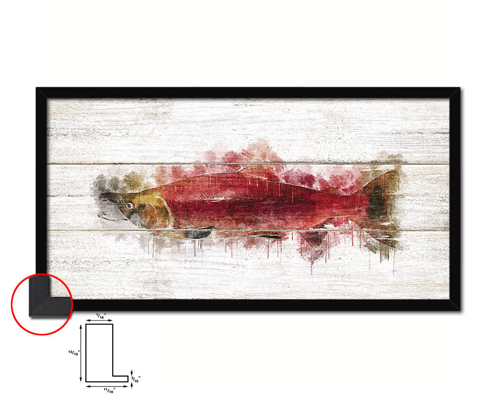 Hony Sockey Salmon Fish Art Wood Framed White Wash Restaurant Sushi Wall Decor Gifts, 10" x 20"