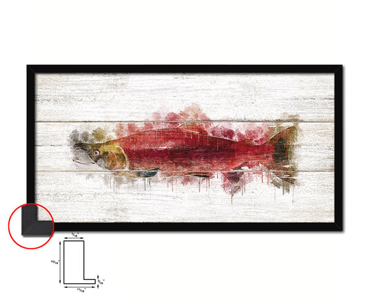 Hony Sockey Salmon Fish Art Wood Framed White Wash Restaurant Sushi Wall Decor Gifts, 10" x 20"