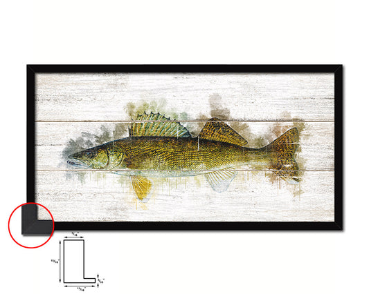 Walleye Fish Art Wood Framed White Wash Restaurant Sushi Wall Decor Gifts, 10" x 20"