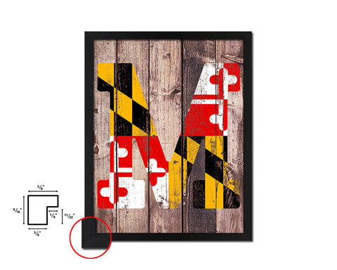 Maryland State Initial Flag Wood Framed Paper Print Decor Wall Art Gifts, Wood
