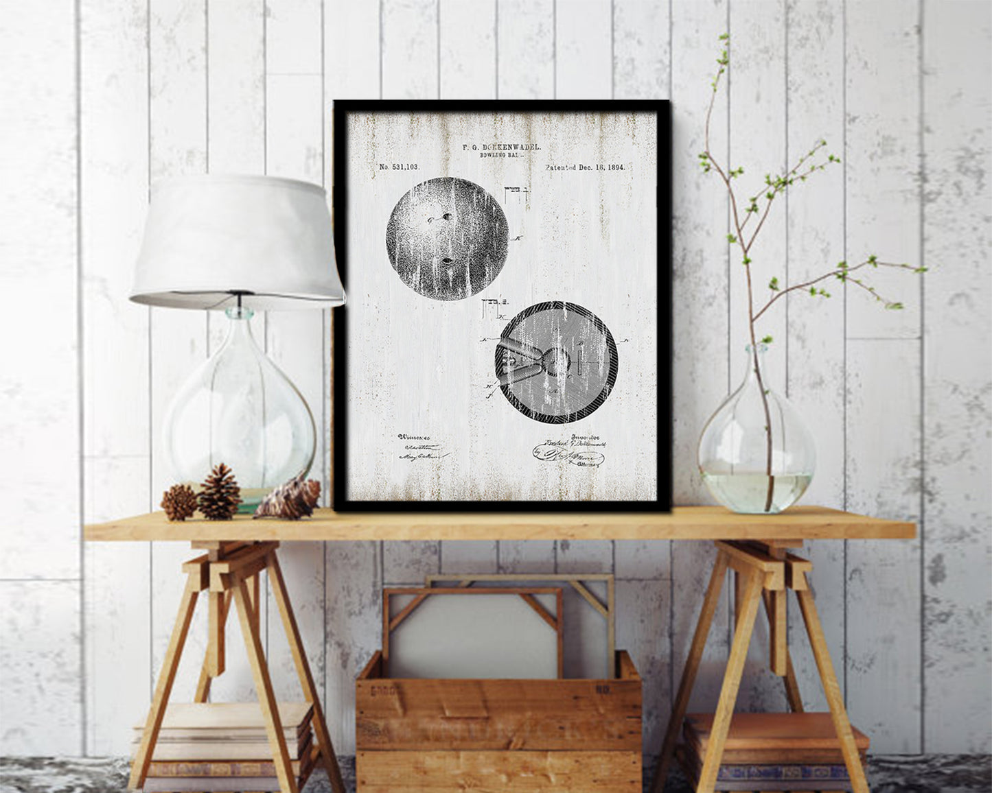 Bowling Ball Sports Vintage Patent Artwork Black Frame Print Gifts
