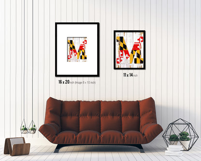 Maryland State Initial Flag Wood Framed Paper Print Decor Wall Art Gifts, Beach