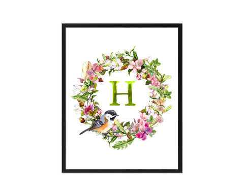 Letter H Floral Wreath Monogram Framed Print Wall Art Decor Gifts