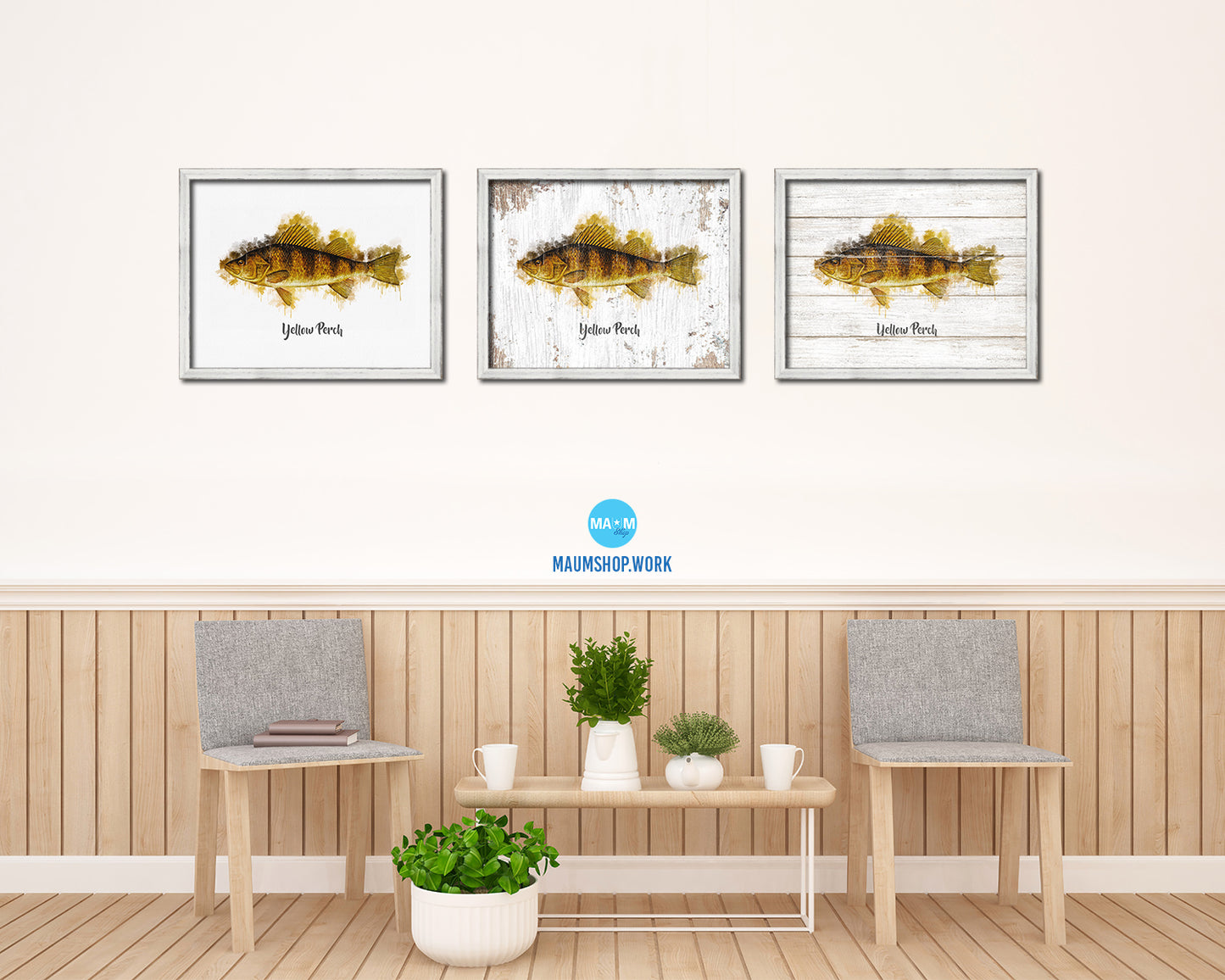 Yellow Perch Fish Framed Prints Modern Restaurant Sushi Bar Watercolor Wall Art Decor