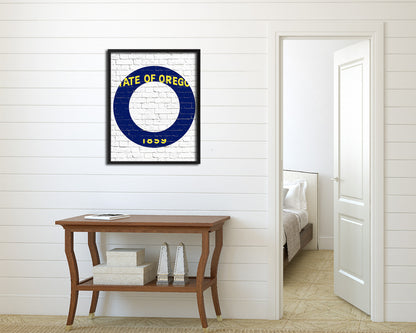 Oregon State Initial Flag Wood Framed Paper Print Decor Wall Art Gifts, Brick