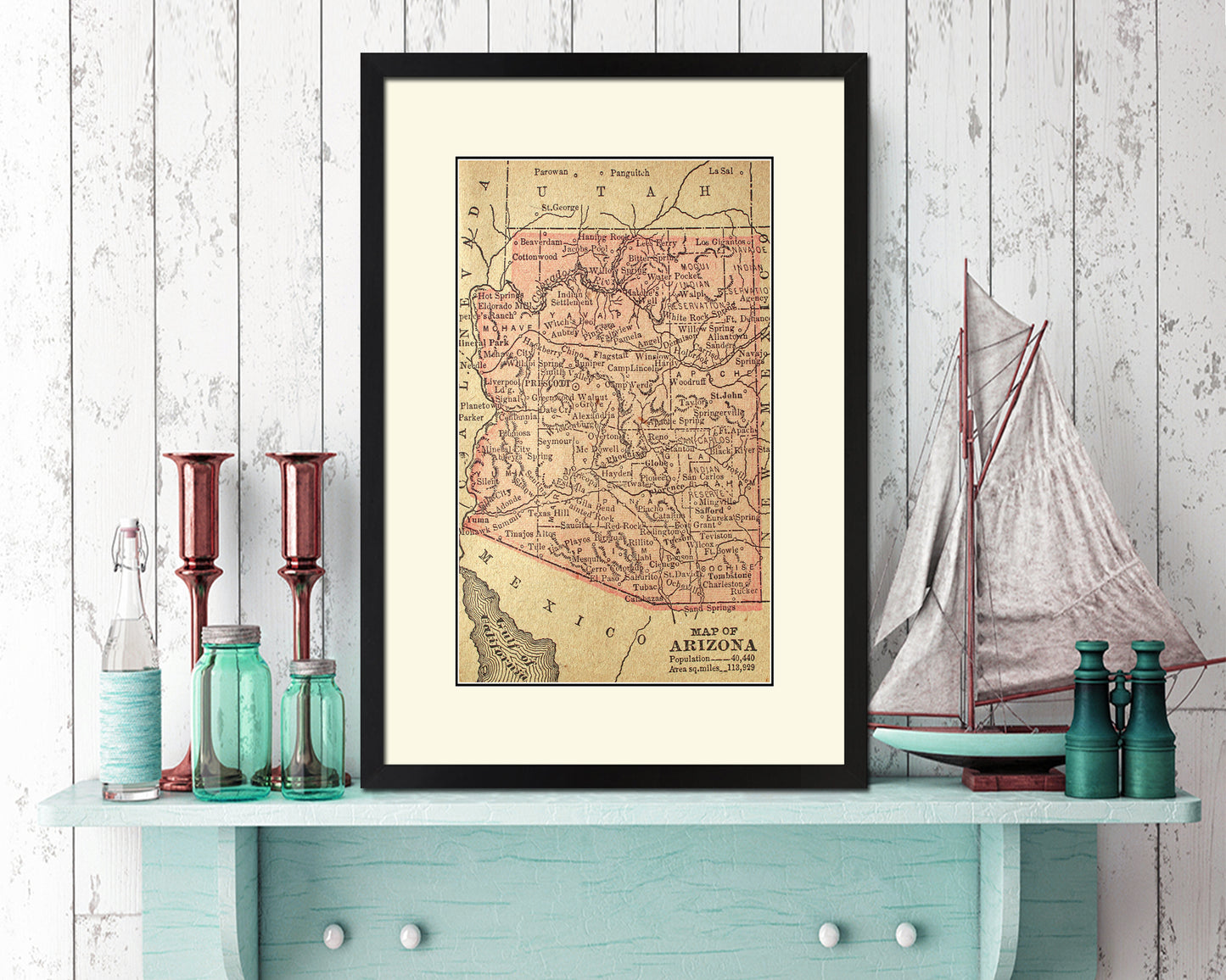 Arizona Circa Old Map Wood Framed Print Art Wall Decor Gifts
