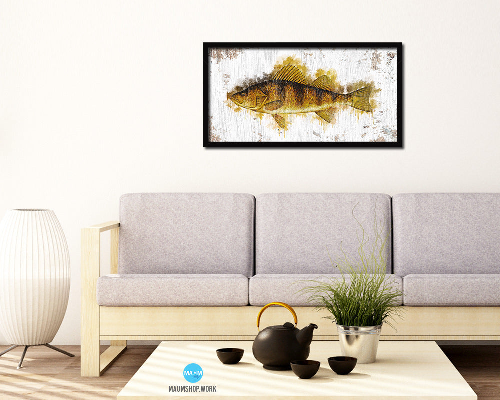 Yellow Perch Fish Art Wood Frame Shabby Chic Restaurant Sushi Wall Decor Gifts, 10" x 20"