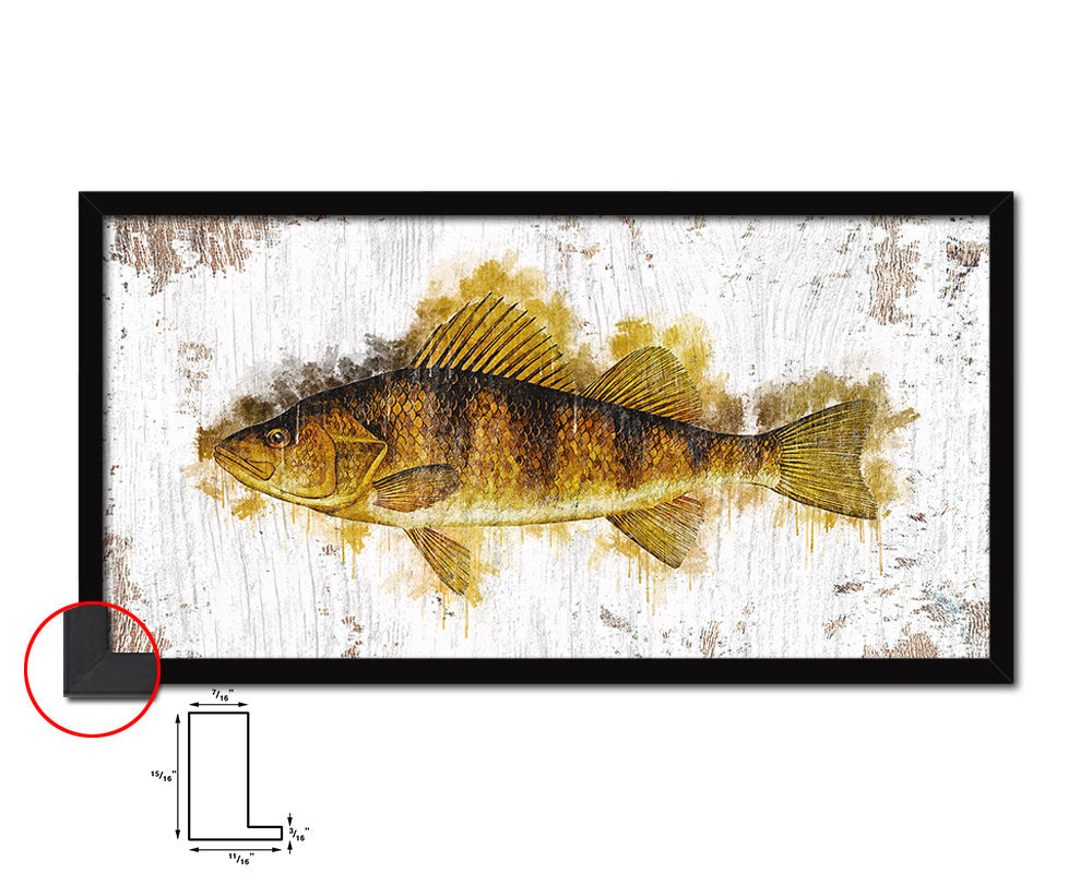 Yellow Perch Fish Art Wood Frame Shabby Chic Restaurant Sushi Wall Decor Gifts, 10" x 20"