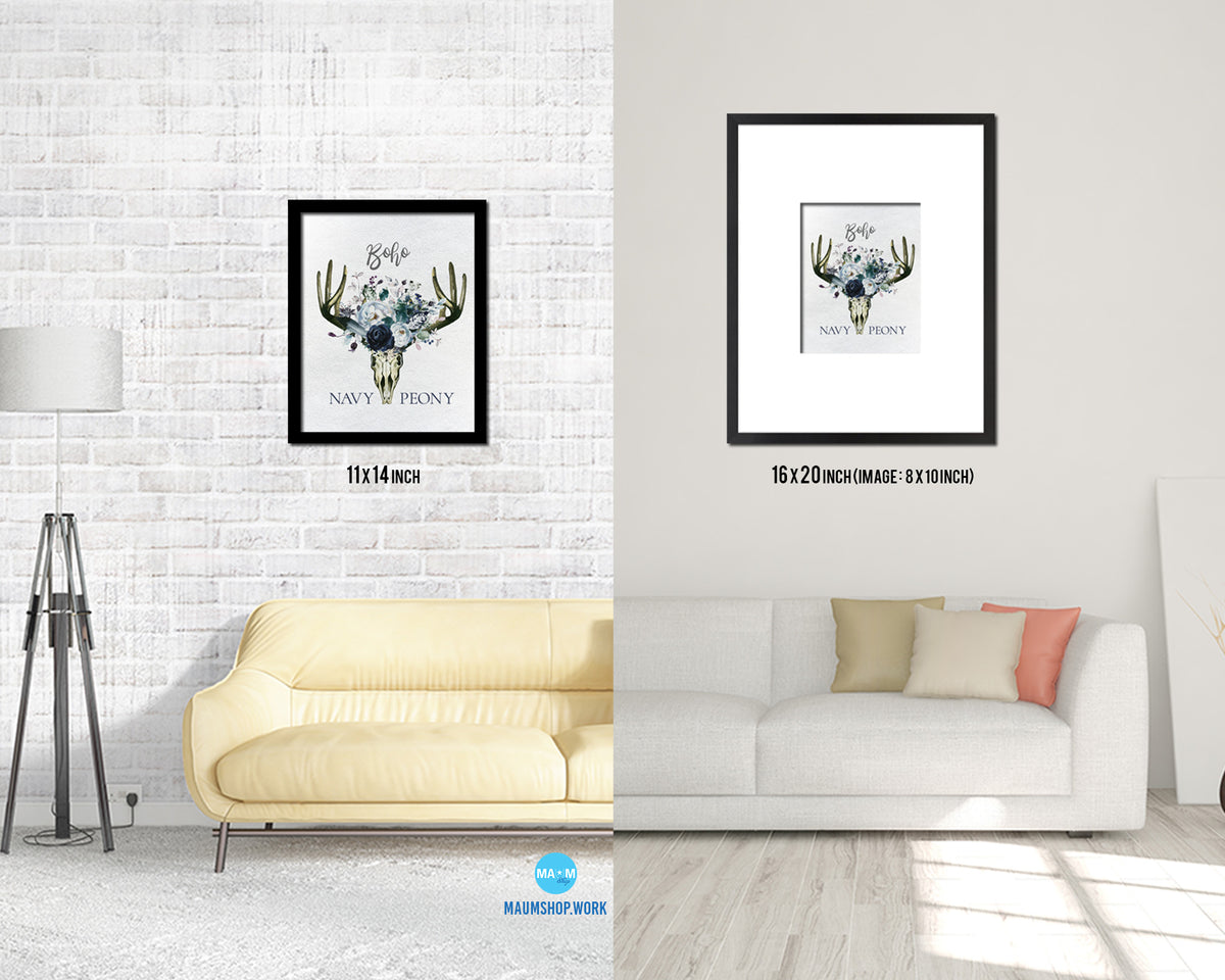 Boho Navy Peony Wood Framed Print Bohemian Girls Room Nursery Wall Art Decor Gifts