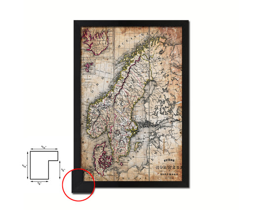 Sweden Norway Scandinavia Antique Map Wood Framed Print Art Wall Decor Gifts