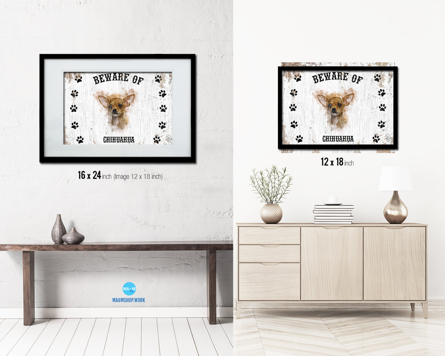 Beware of Chihuahua Sign Wood Framed Print Wall Art Decor Gifts