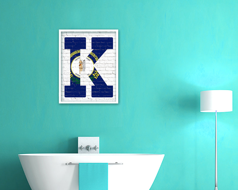 Kentucky State Initial Flag Wood Framed Paper Print Decor Wall Art Gifts, Brick