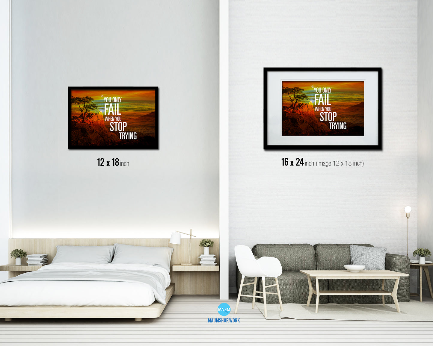 You only fail when you stop trying Quote Framed Print Wall Decor Art Gifts