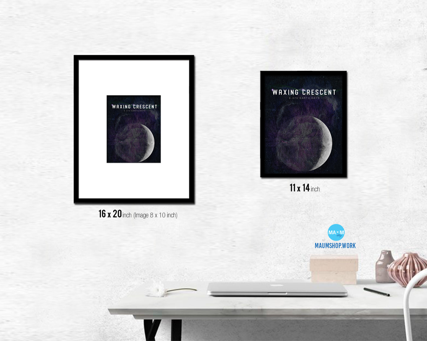 Waxing Crescent Lunar Phases Length of Year Moon Watercolor Nursery Framed Prints Wall Art Gift