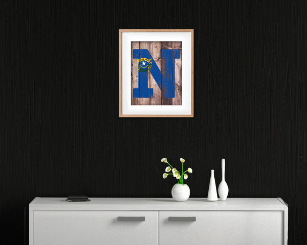 Nevada State Initial Flag Wood Framed Paper Print Decor Wall Art Gifts, Wood