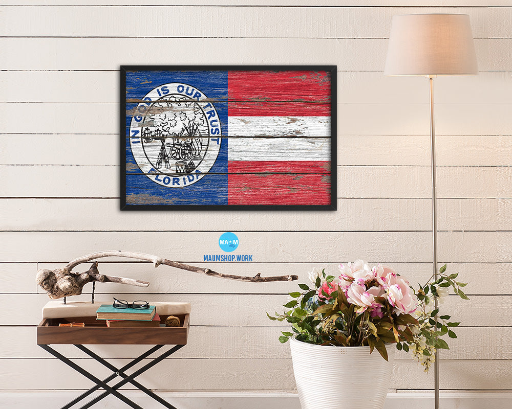 Civil War Florida Wood Rustic Flag Wood Framed Print Wall Art Decor Gifts