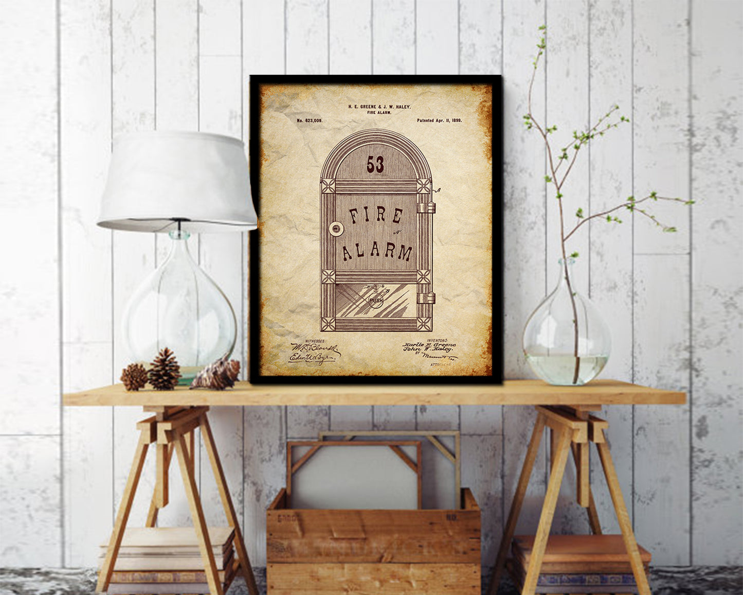Fire Alarm Firefighter Vintage Patent Artwork Walnut Frame Gifts
